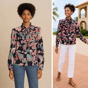 NEW Banjanan Bethany Tie Neck Ruffle Top Rococo Fantasy Bird Tropical Bohemian